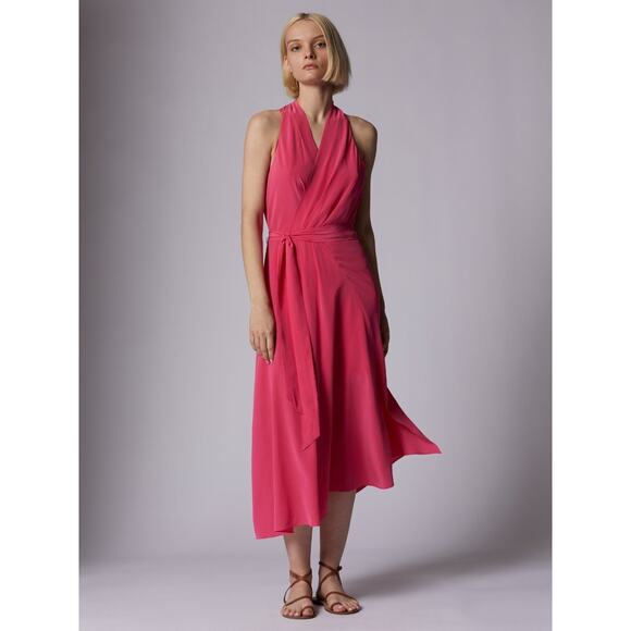 Equipment Alejandra Raspberry Sorbet Pink Sleeveless Asymmetric Silk Midi Dress - Picture 1 of 14